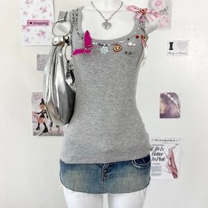 Y2K Grey Graphic Tank Top Butterfly Ribbons — Coquette